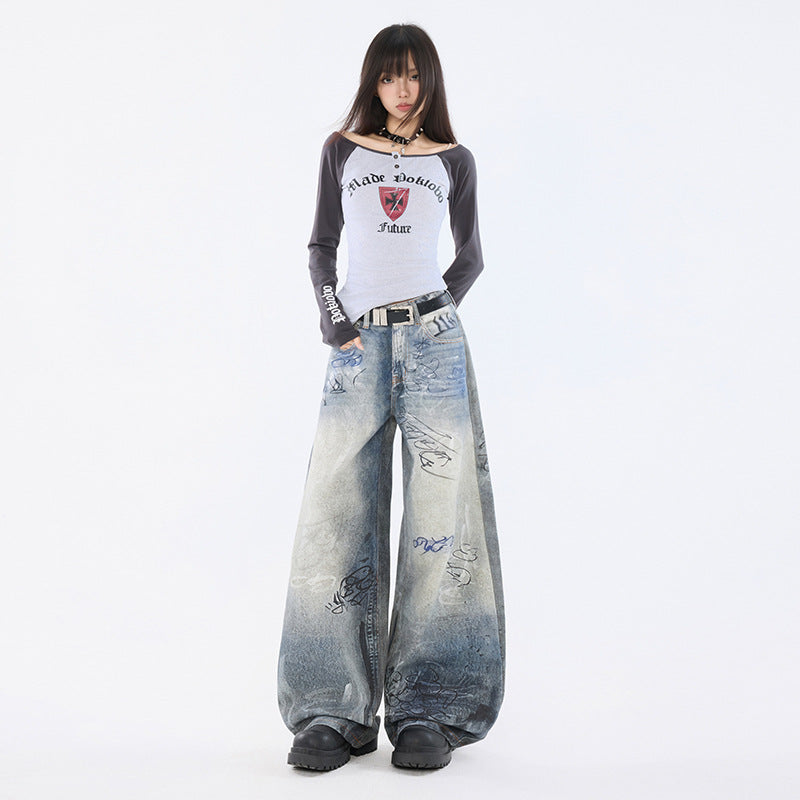 Graffiti Distressed Hand-painted Print Light Blue High Waist Wide Leg Jeans