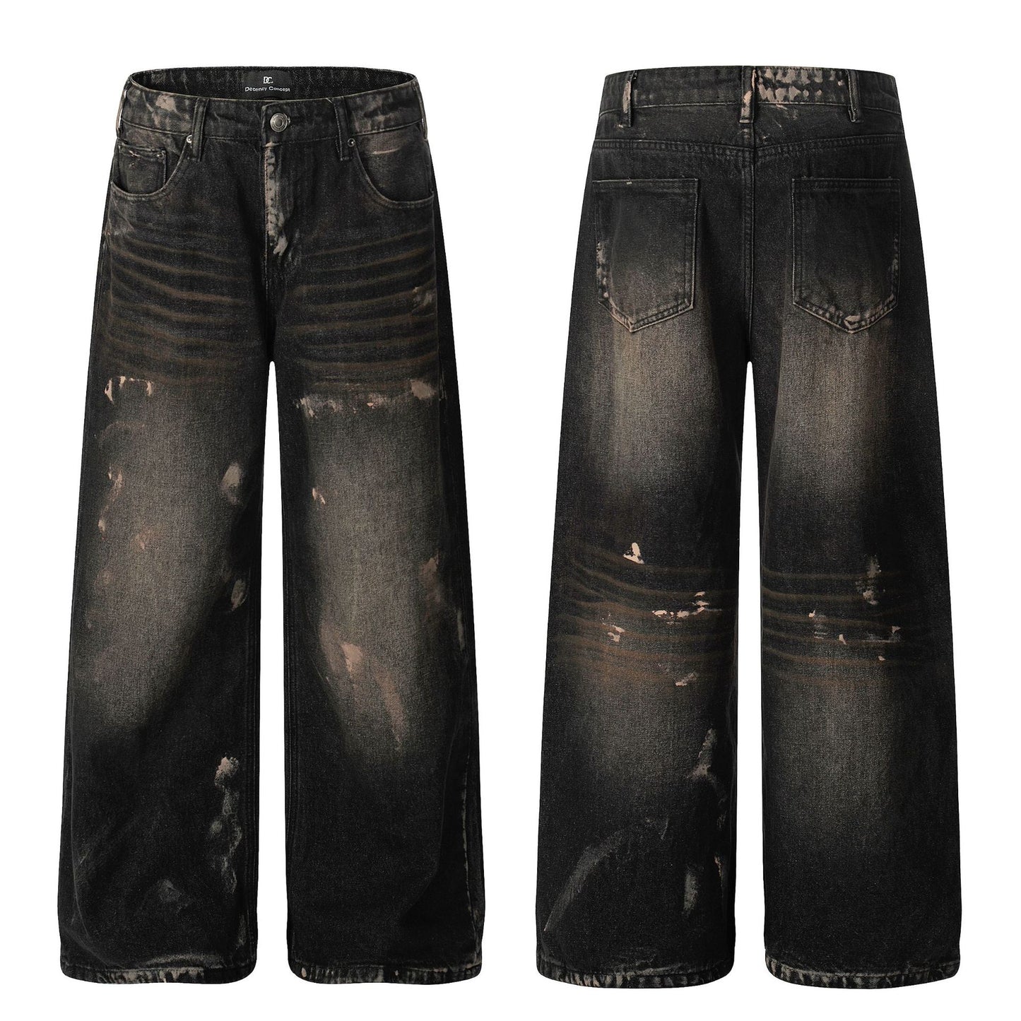 Retro Unisex Trendy Washed Black Splatter Design Men's Loose Wide-Leg Jeans