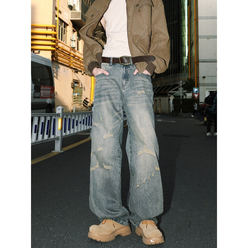 Semi Elastic Waist Denim Straight Leg Loose Casual Pants