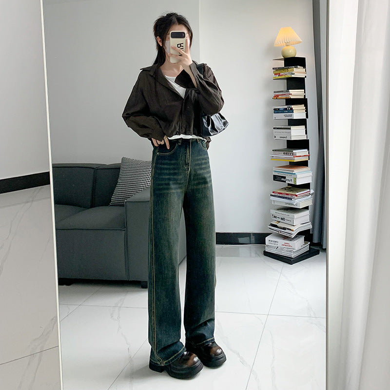 Women's Loose Comfortable Straight Wide-Leg Trousers Soft Denim Pants