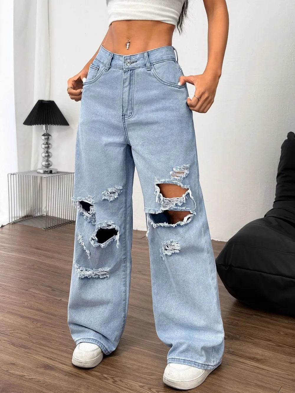 Distressed Wide Leg Jeans with Pockets - Premium Japanese Denim