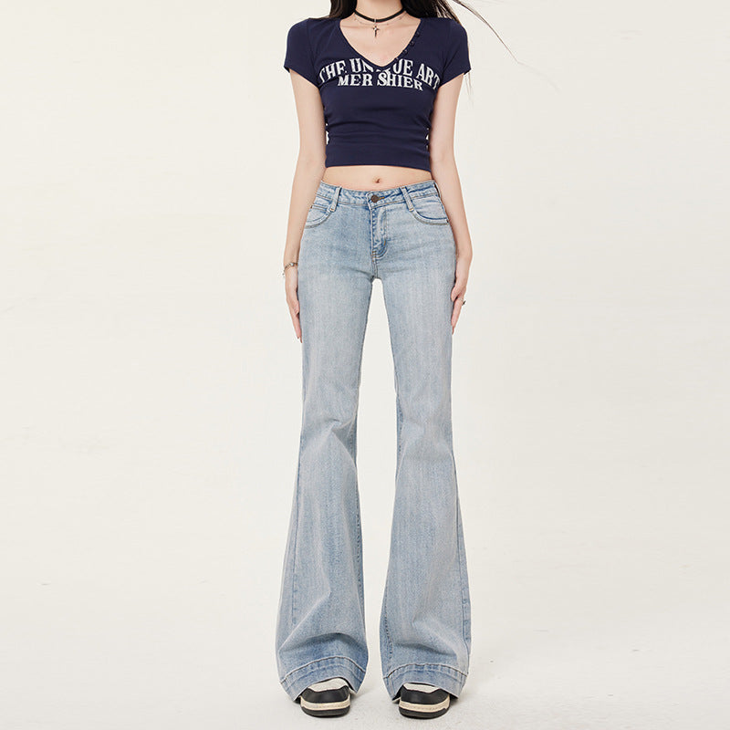 Women's Black and Gray Flared Jeans - Slimming Retro Low Waist Pants