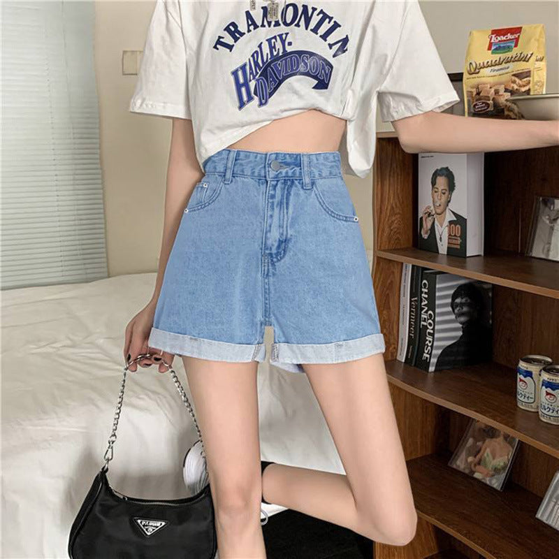 Casual Versatile Denim Shorts for Women - High Waist Slimming A-line Cuffed Style