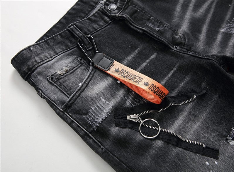 Personalized Black and Gray Torn Zipper Jeans for Men