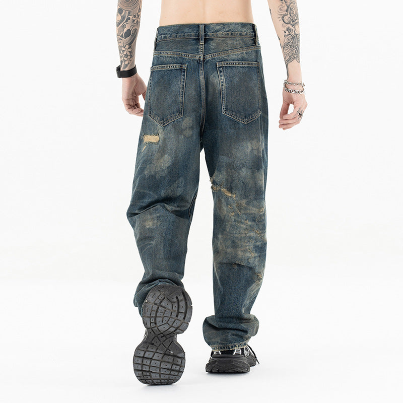 Men's Water-Washed Casual Straight Jeans with High-End Distressed Design