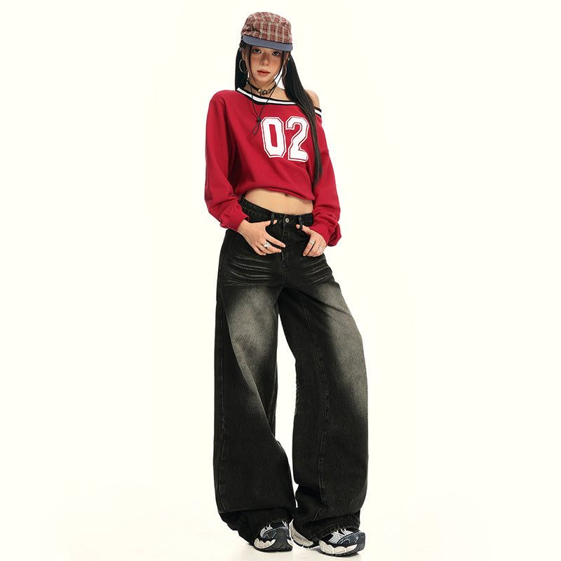 High Street Washed Loose High-Waisted Wide-Leg Jeans for Women