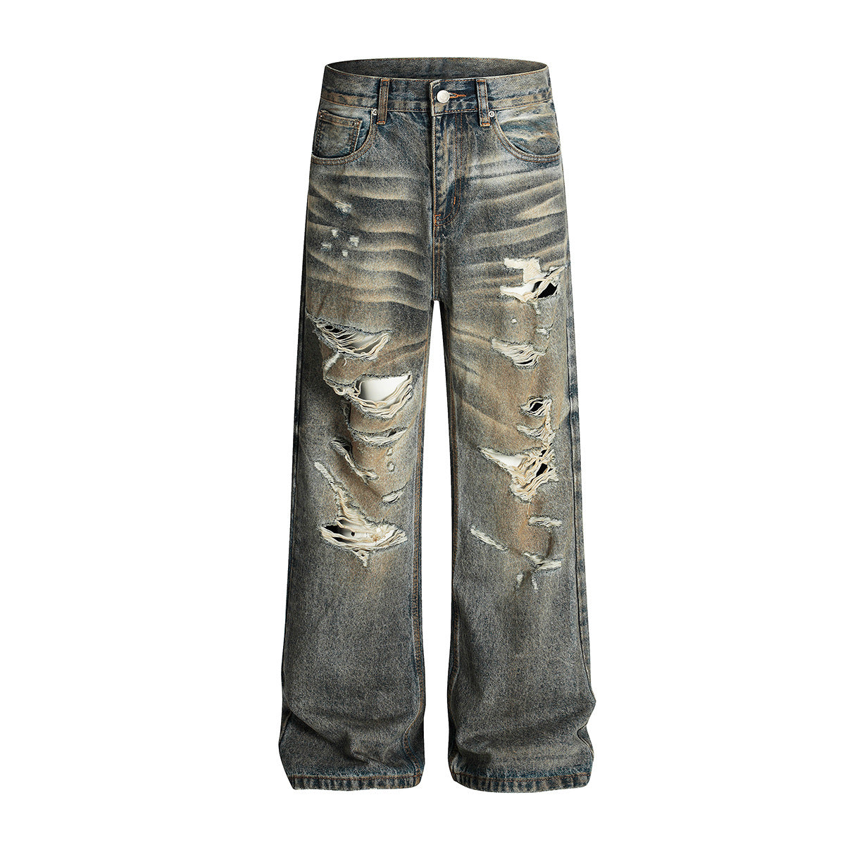Dirty Dye Washed Ripped Denim Straight Leg Personalized Wide Leg Pants