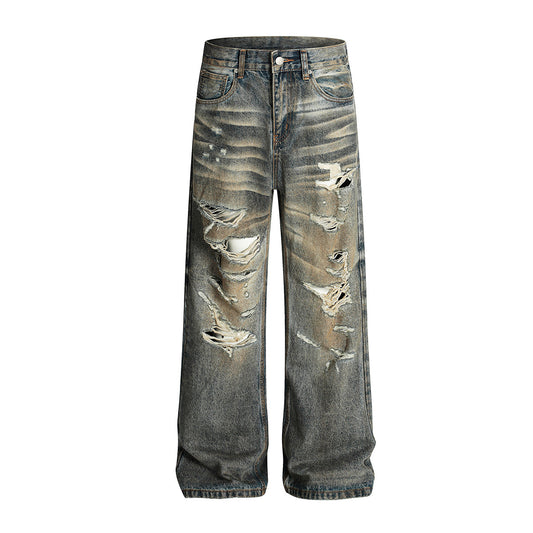 Dirty Dye Washed Ripped Denim Straight Leg Personalized Wide Leg Pants