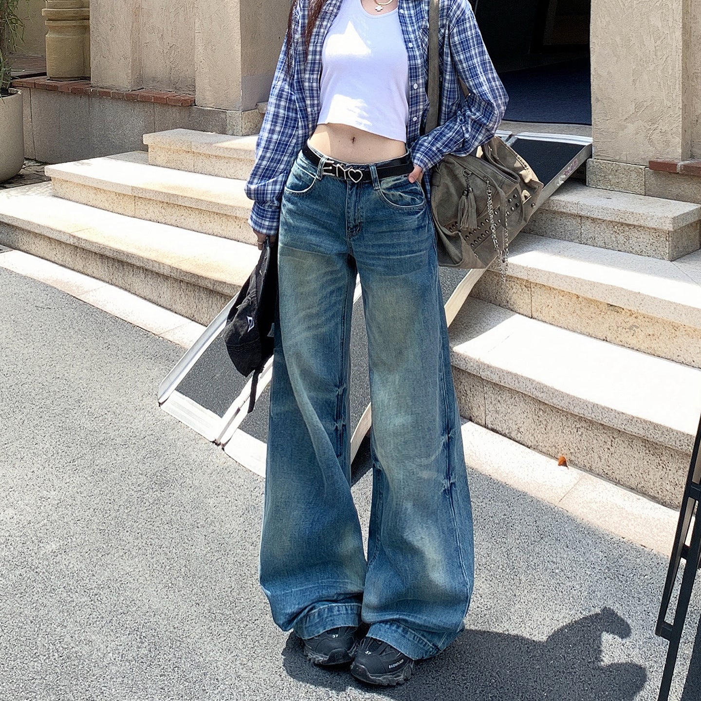 Retro Washed Denim Pants for Women - Loose Fit High Waist Anti-Wrinkle Slim Wide Leg Long Pants