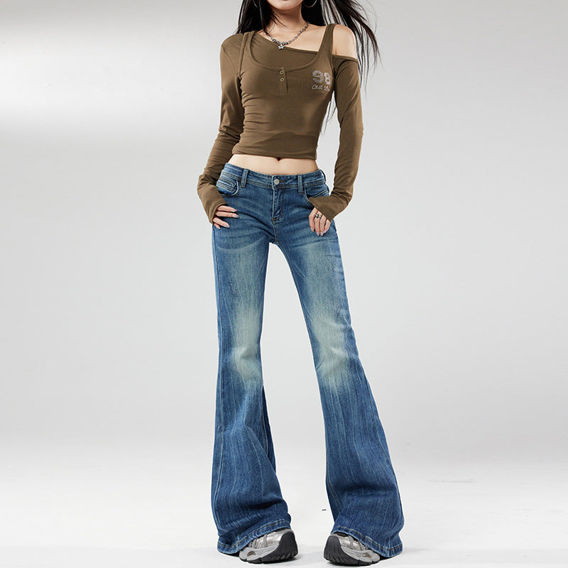 Women's Vintage Blue Low Waist Hip-Lifting Trumpet Pants