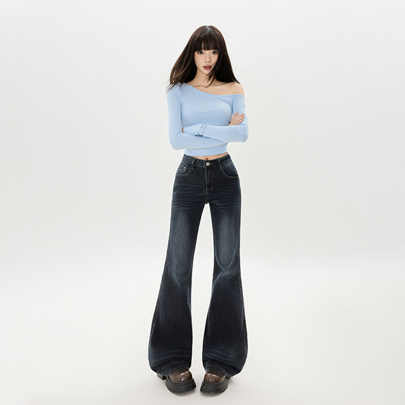 Style Flared Denim Pants for Women - Low Waist, Slim Fit, White Washed Pants