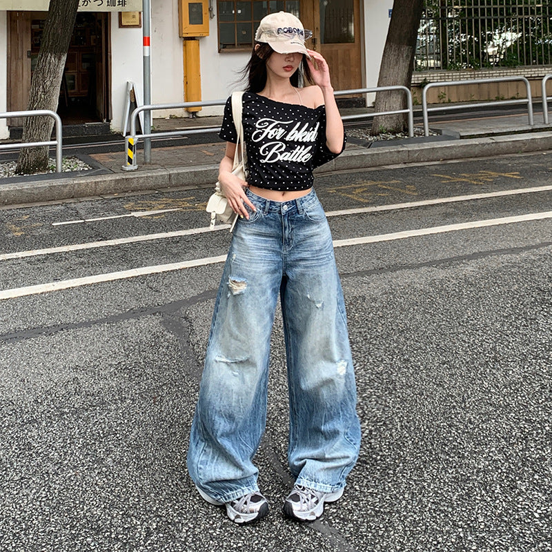Trendy Ripped Denim Pants for Women - High Waist Loose Fit Straight Leg