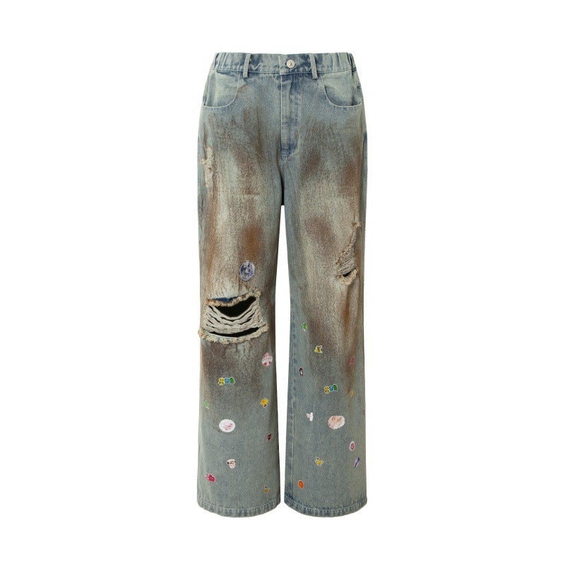 Japanese Retro Splashed Ink Ripped Jeans - Loose Fit Denim Pants