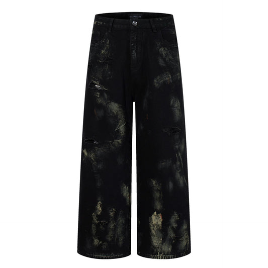 Graffiti Washed Ripped Denim Loose Wide Leg Pants