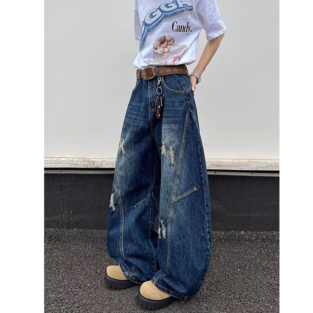 Deep Blue Wide Leg Ripped Denim Micro Flared Knife Pants