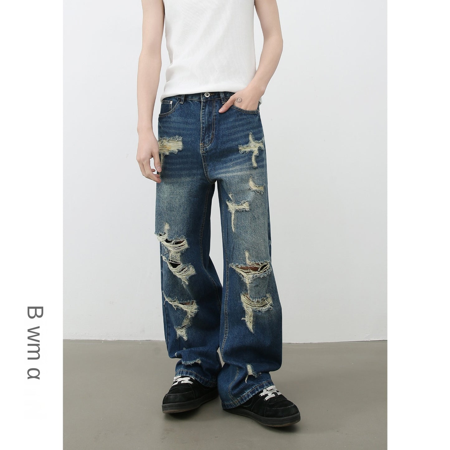 American Style Distressed Denim Pants for Men - High Street Retro Vibe