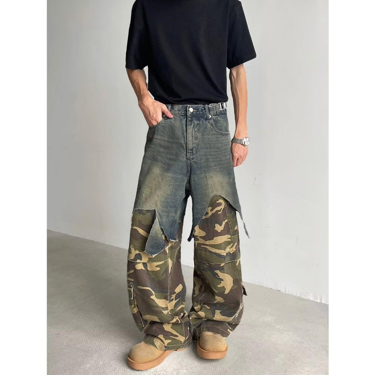 Splicing Fake Two Camouflage Workwear Color Blocked Jeans
