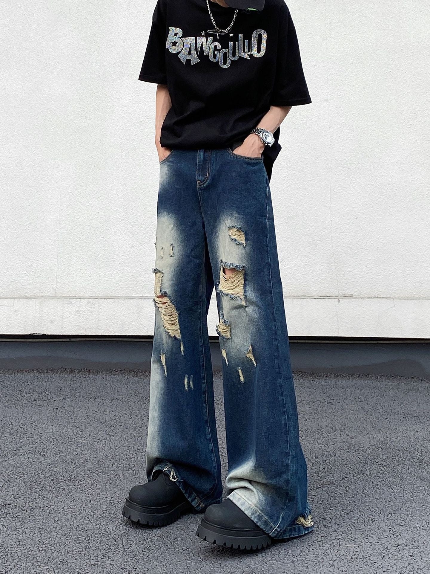 Ripped Blue Denim Loose Straight Casual Pants