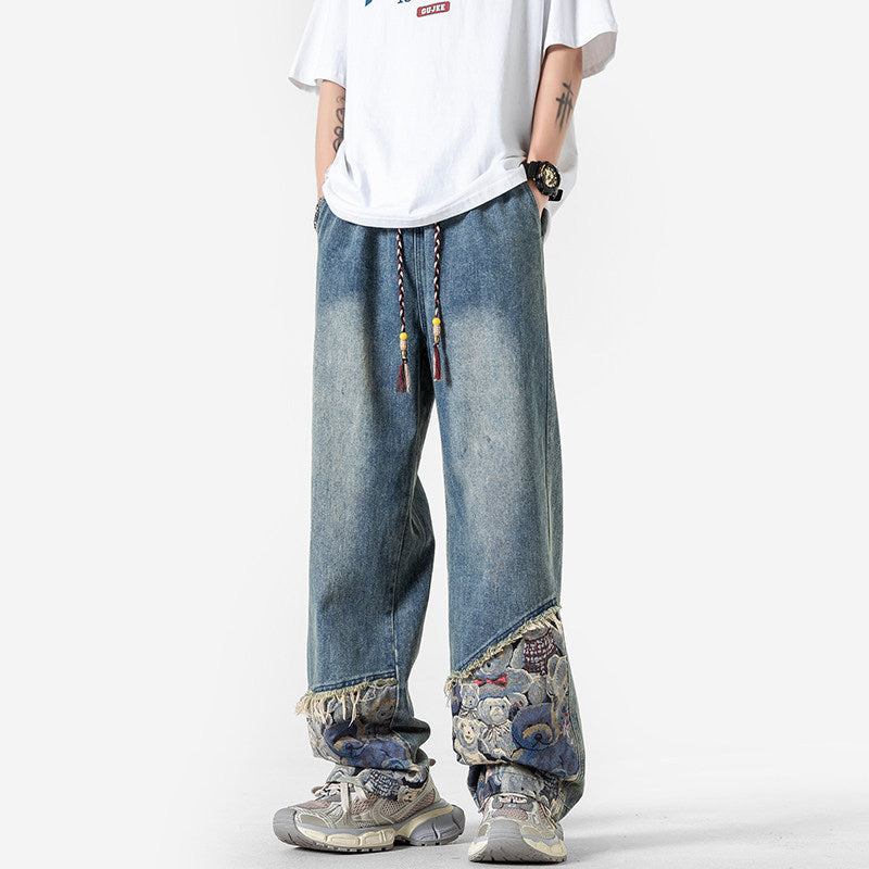 Bear Spliced Denim Pants - Men's Rugged Workwear Straight Leg Trousers