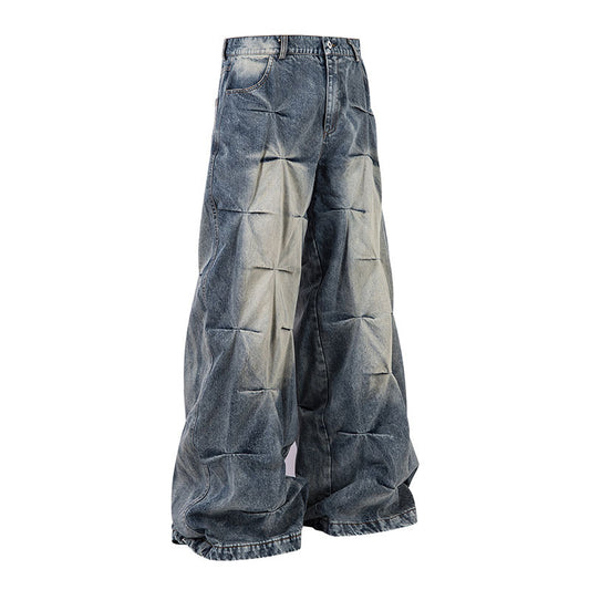High Street Fashion Pleated Draped Denim Pants - Vintage Wide Leg Unisex