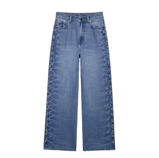 Side Bead Rivet Decoration Jeans for Women