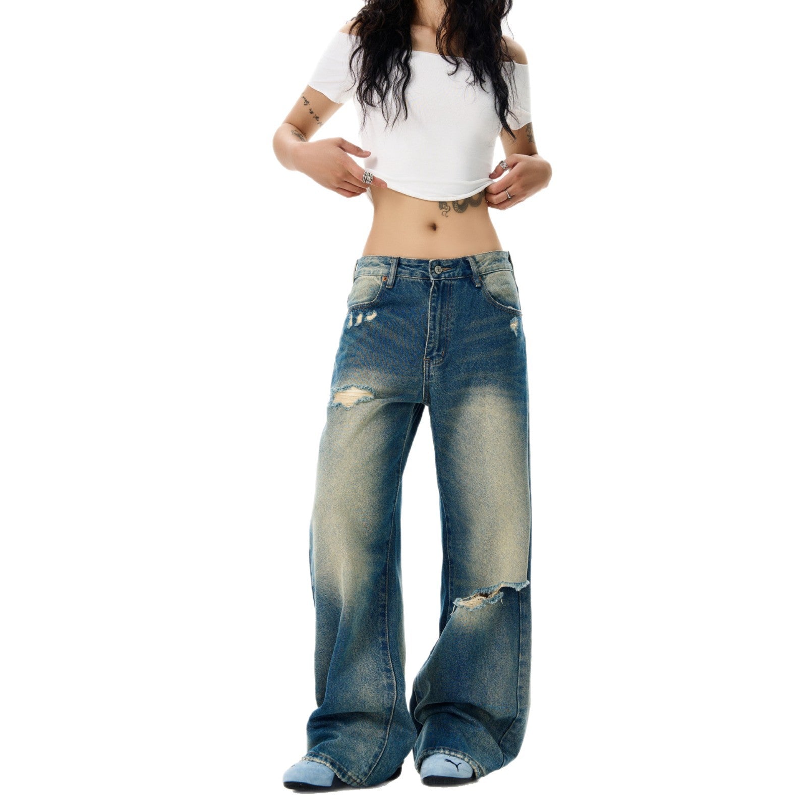 Washed Retro Blue Denim Loose Casual Straight Leg Pants