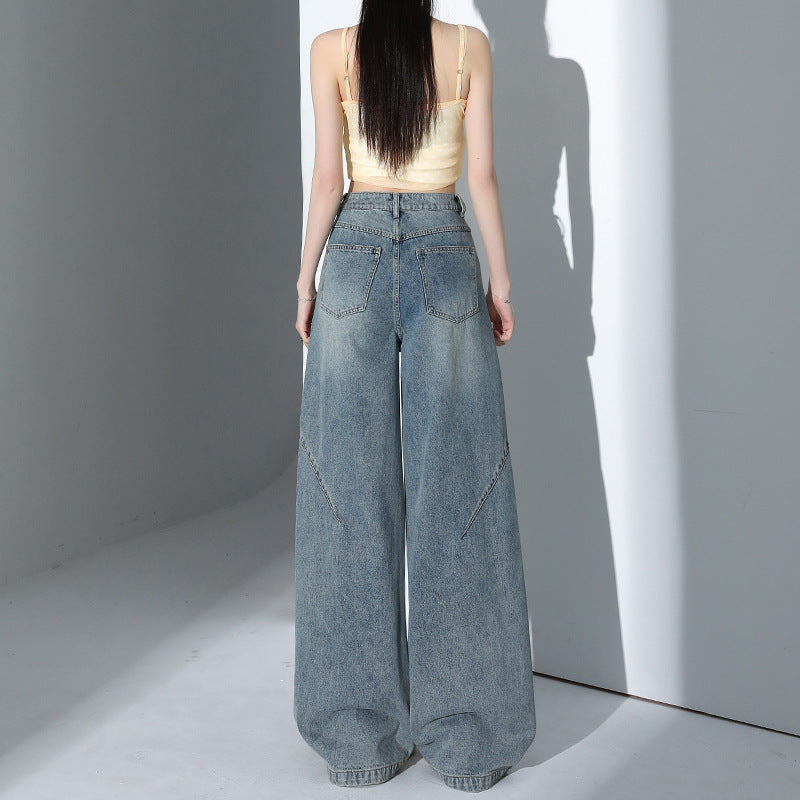 Lace Hem Spliced Denim Pants for Women – Irregular Loose Straight Wide Leg Design