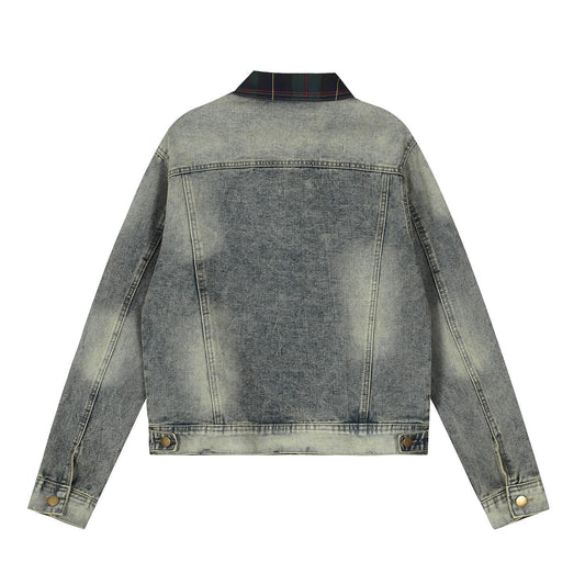 Vintage Patchwork Plaid Lapel Denim Jacket