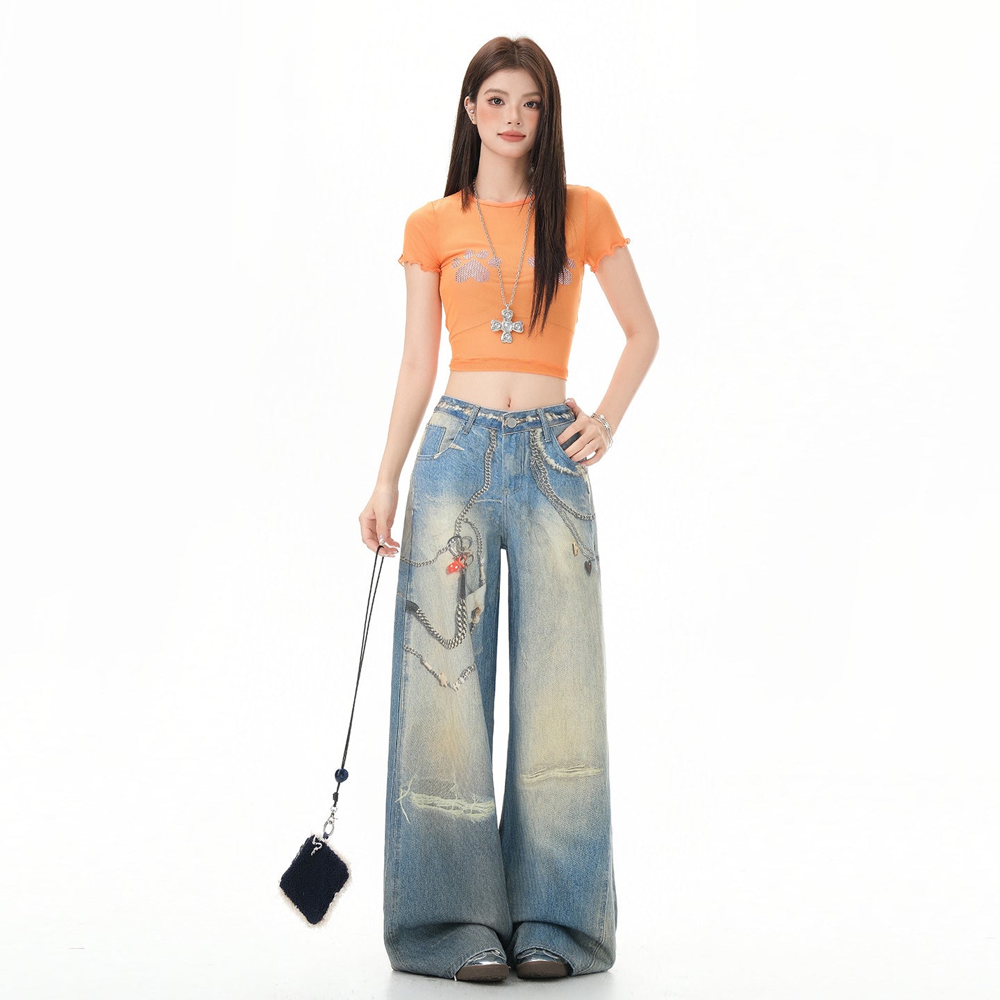 Women's Chain Print Denim Pants - Casual Hip-hop Style Loose Wide Leg Tapered Fit