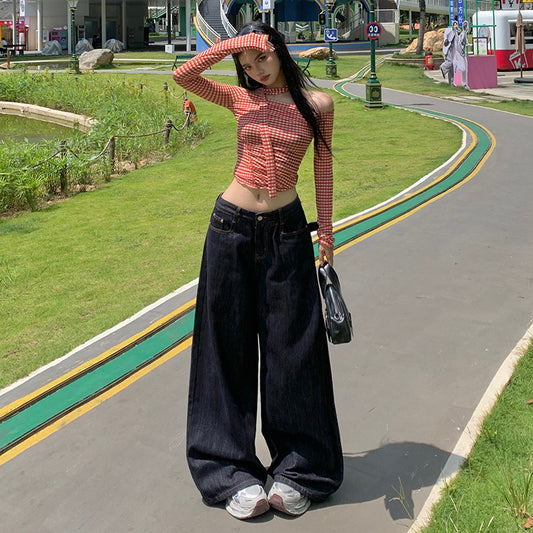 Original Color Denim Pants for Women - Loose High Waist Slimming Versatile Wide Leg Floor-Length Pants