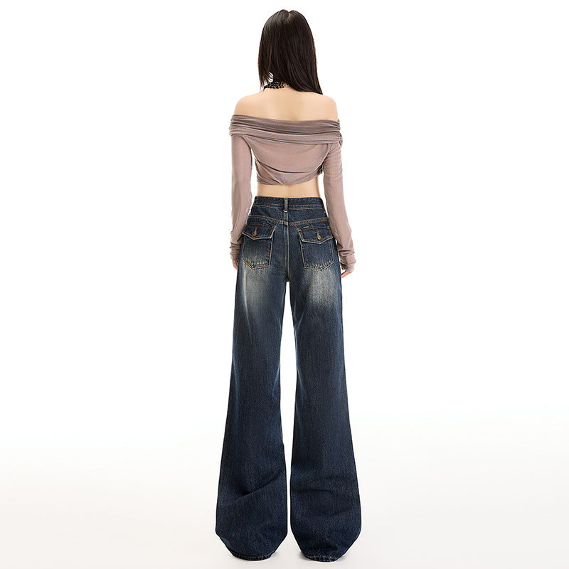 Dark Blue Non-Tight Micro Flare Jeans for Women - Spicy Slim Design Floor-Length Trumpet Pants