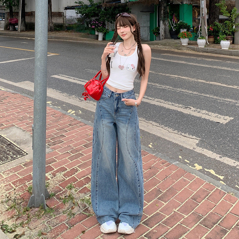Retro Washed Wide-Leg Jeans for Women - High-Waist Loose Frayed Straight Pants