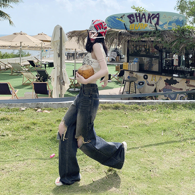 Women's Loose Folded Frayed Floor-Length Wide-Leg Denim Trousers