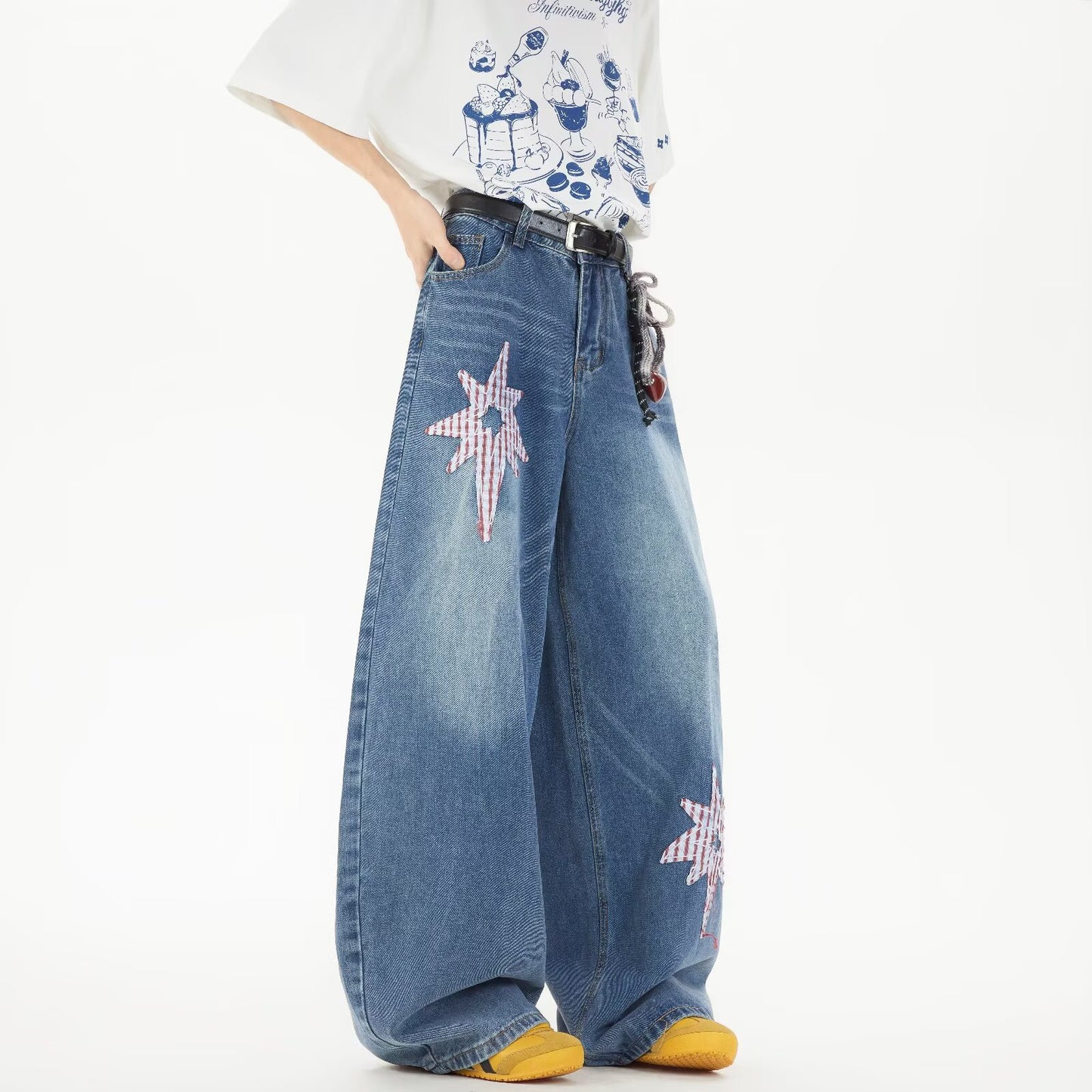 Retro Star Patch Embroidered Denim Wide Legged Casual Pants