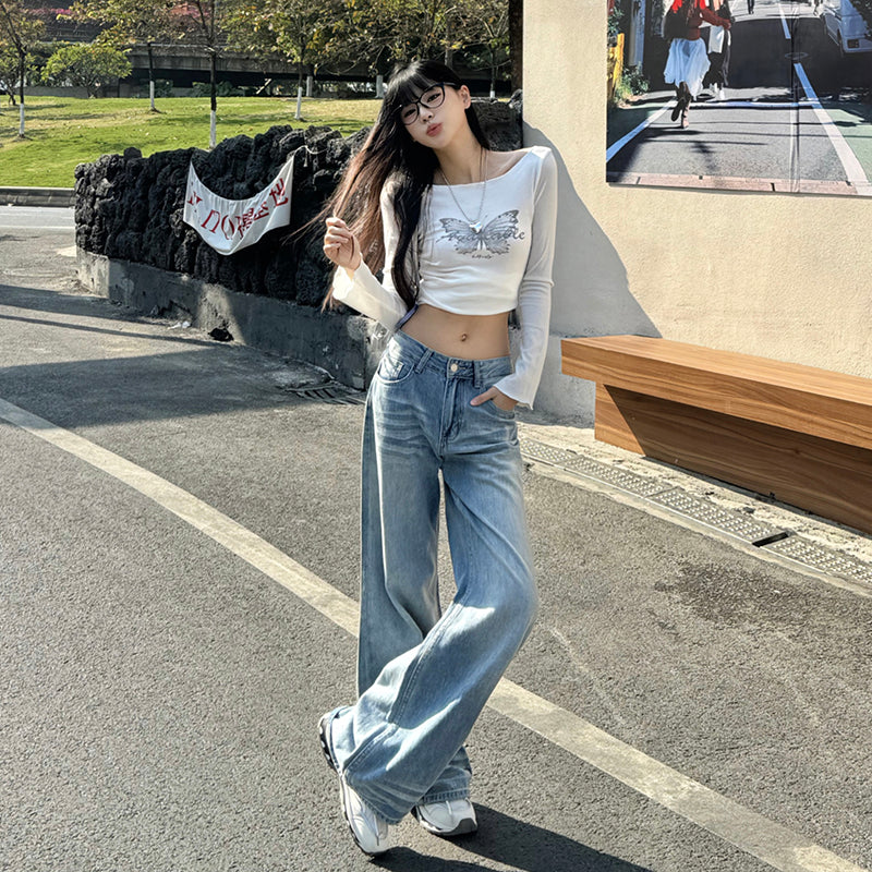 Light Blue Denim Pants Women - Water Washed Wide Leg Loose Straight Trousers