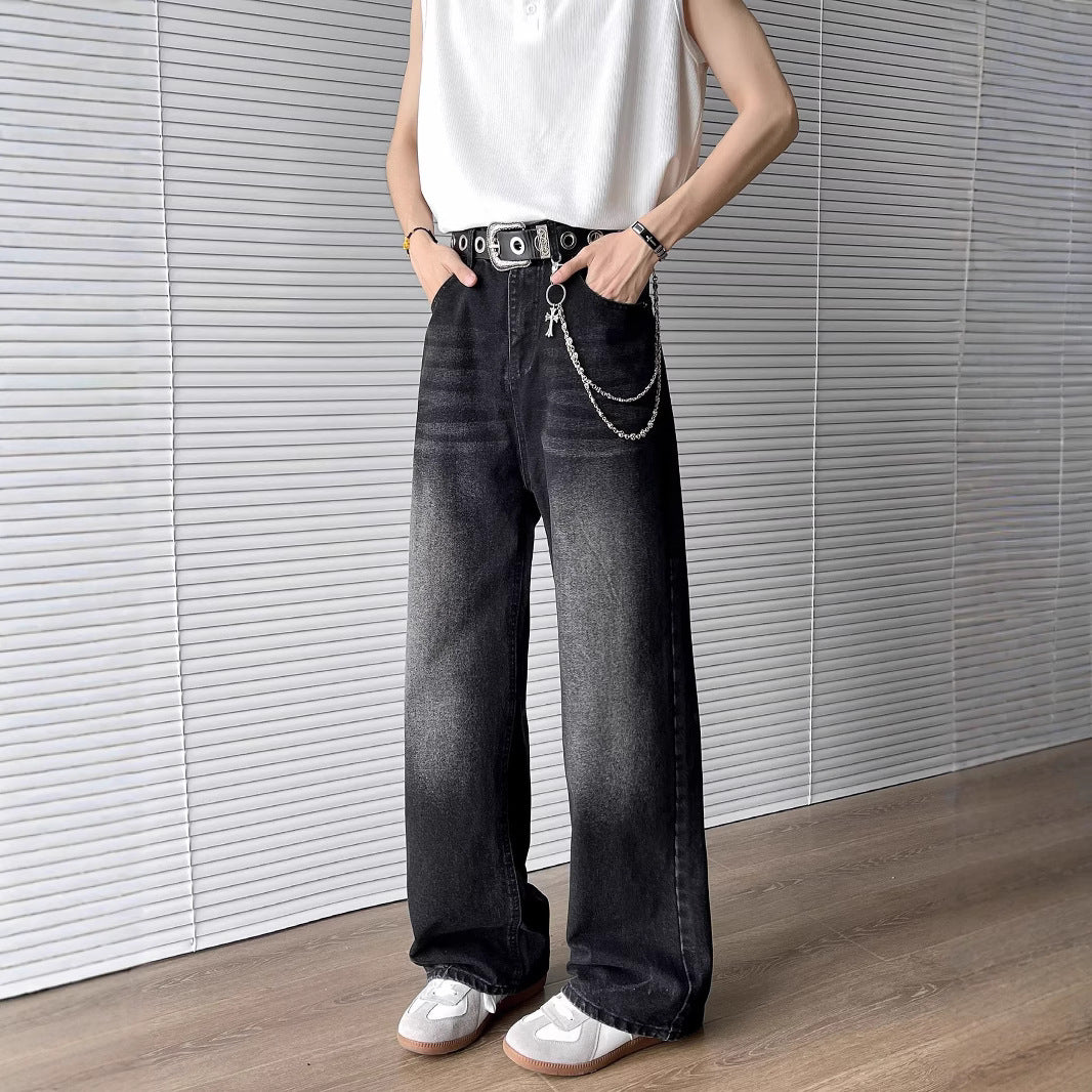Washed Curved Knife Denim Straight Leg Slightly Flared Wide Leg Pants