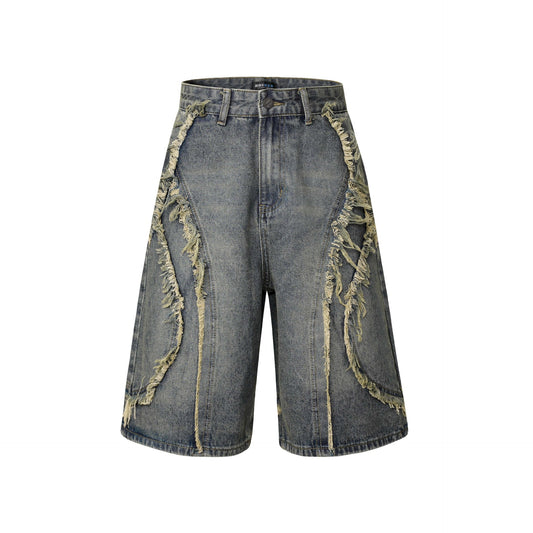 Washed Distressed Patchwork Cat Whisker Denim Shorts - Unisex Loose Wide Leg Pants
