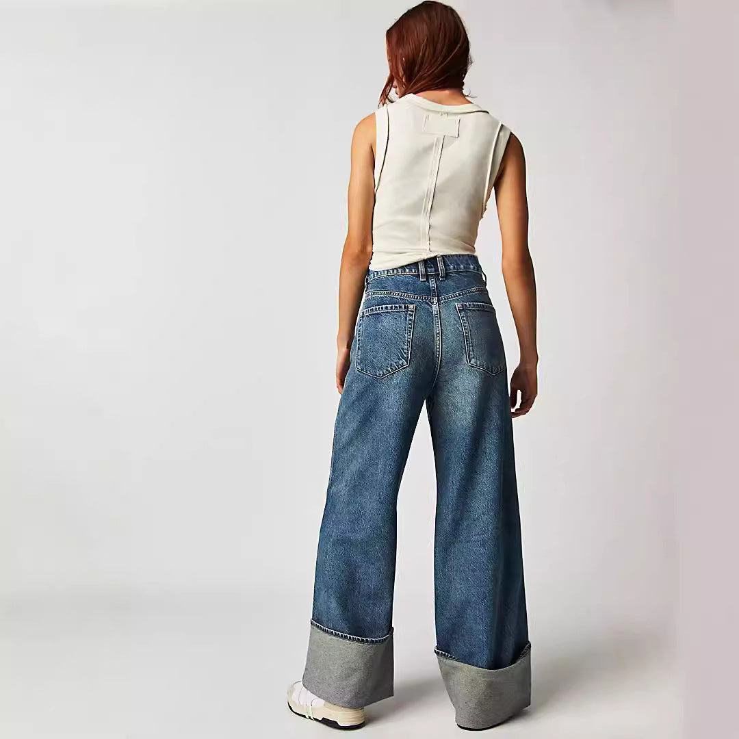 Washed Mid Waist Rolled Edge Loose Jeans