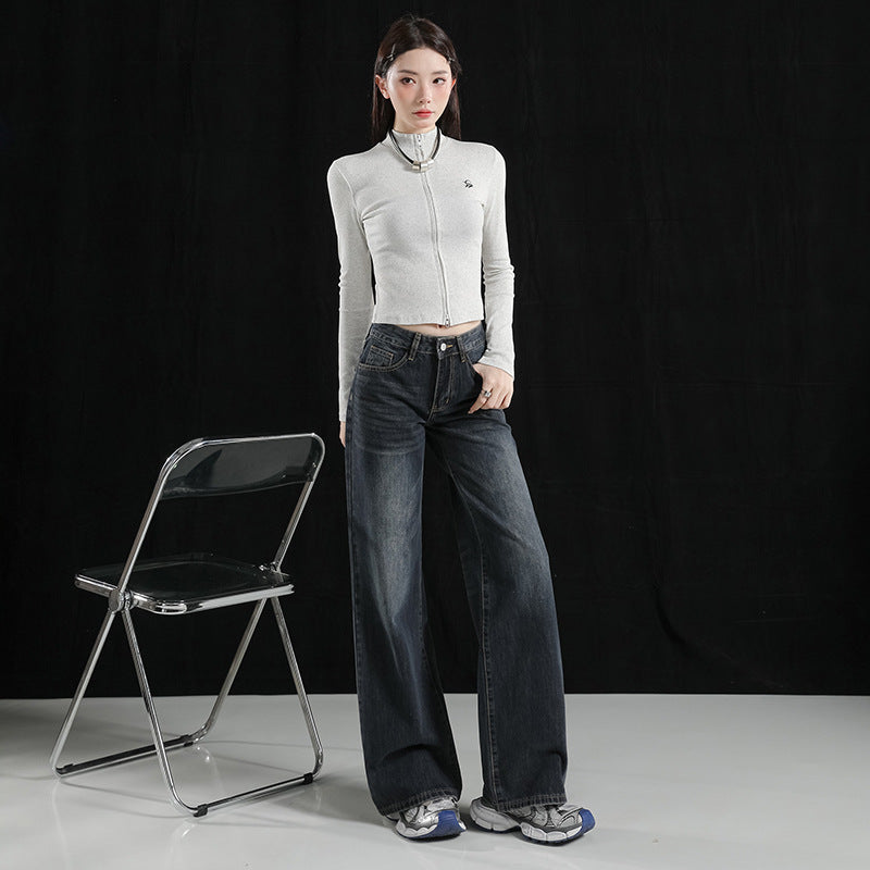 High Waist Loose Straight Leg Slim Fit Denim Pants for Women