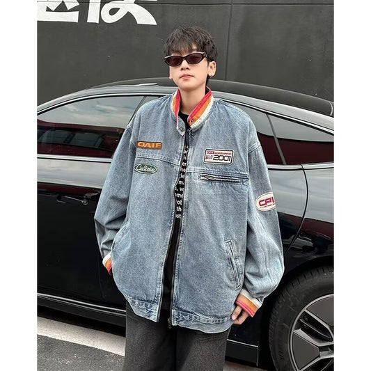 Vintage Stand Up Collar Couple Denim Jacket for Men