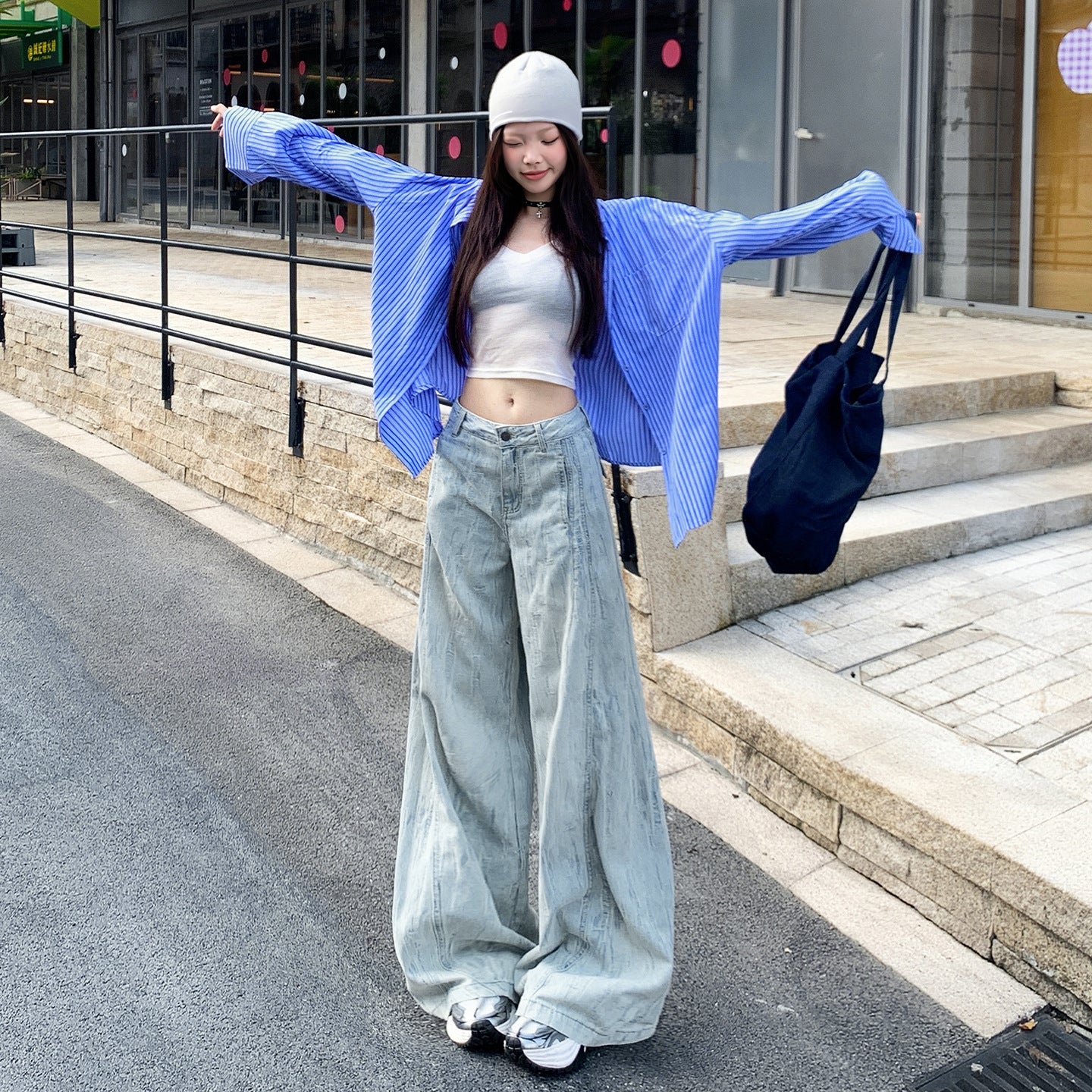 Women's Loose Drape High Waist Slimming Wide Leg Denim Pants