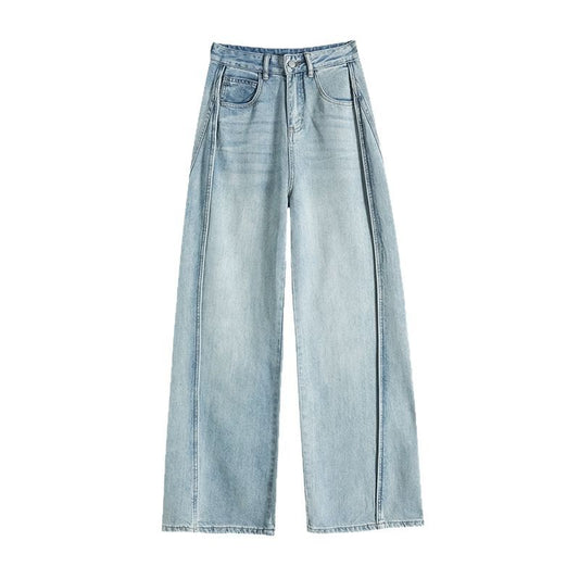 Light Blue Tencel Wide-Leg Jeans for Women - High-Waist Loose Straight Floor-Length Pants