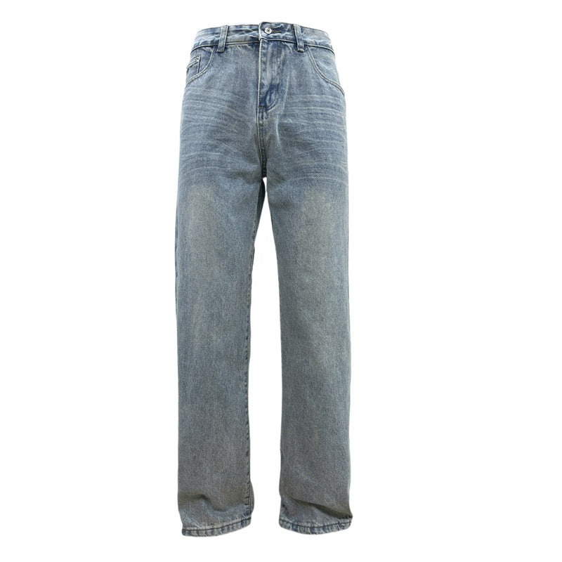 Street Style Basic Versatile Blue Jeans for Men - Loose Straight Wide Leg Washed Casual Pants