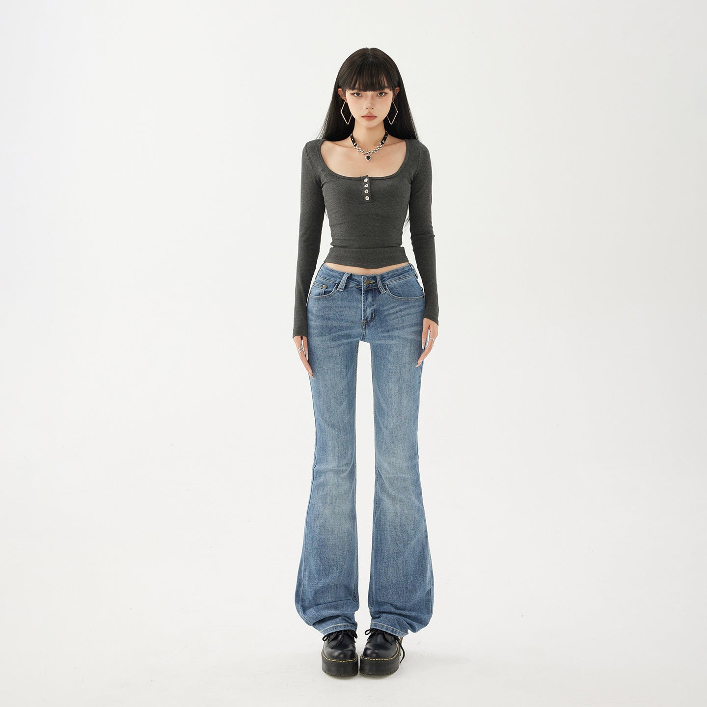 Style Flared Denim Pants for Women - Low Waist, Slim Fit, Straight Leg