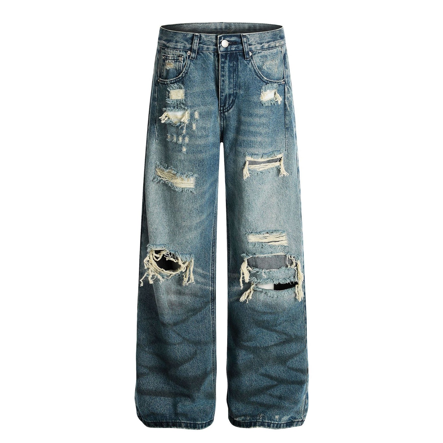 Wash Damaged Denim Loose Wide Leg Pants