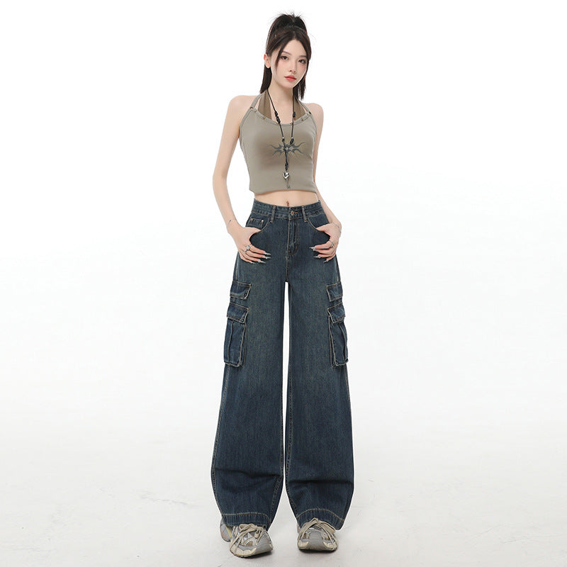 Street Retro Wide-Leg Jeans for Women - High-Waist Loose Straight Leg with Multi-Pocket Design