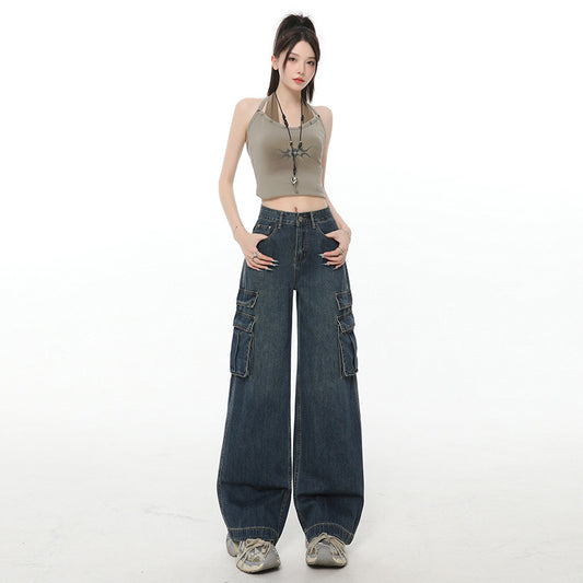 Street Retro Wide-Leg Jeans for Women - High-Waist Loose Straight Leg with Multi-Pocket Design