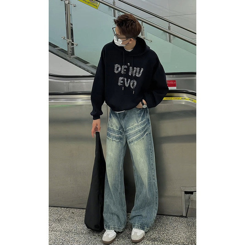 Lightning Patterned Washed Retro Straight Leg Casual Pants