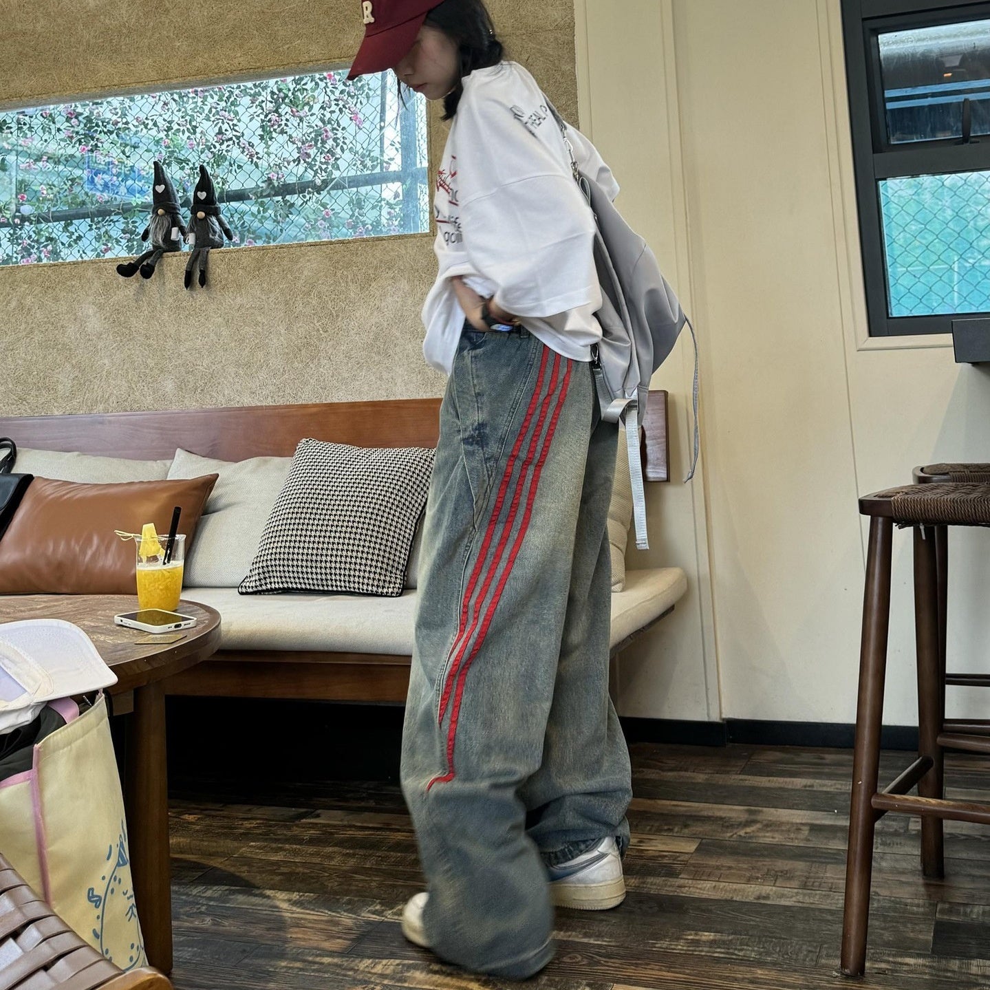 Vintage Denim Straight Leg Wide Leg Pants with Side Stripes