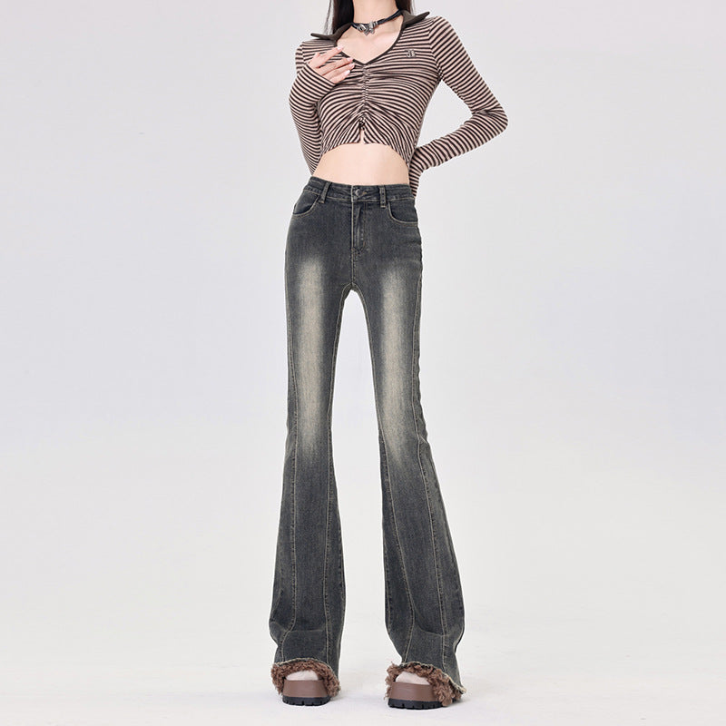 Women's Flared Denim Pants - Drape Slim Wide-Leg Floor-Length Trousers